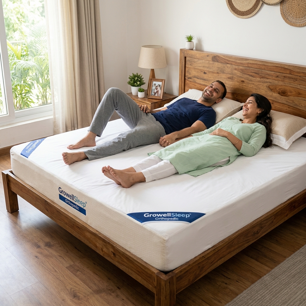 Rajesh and Priya happily relaxing on their flat-delivered custom GROWELLSLEEP Orthopedic mattress