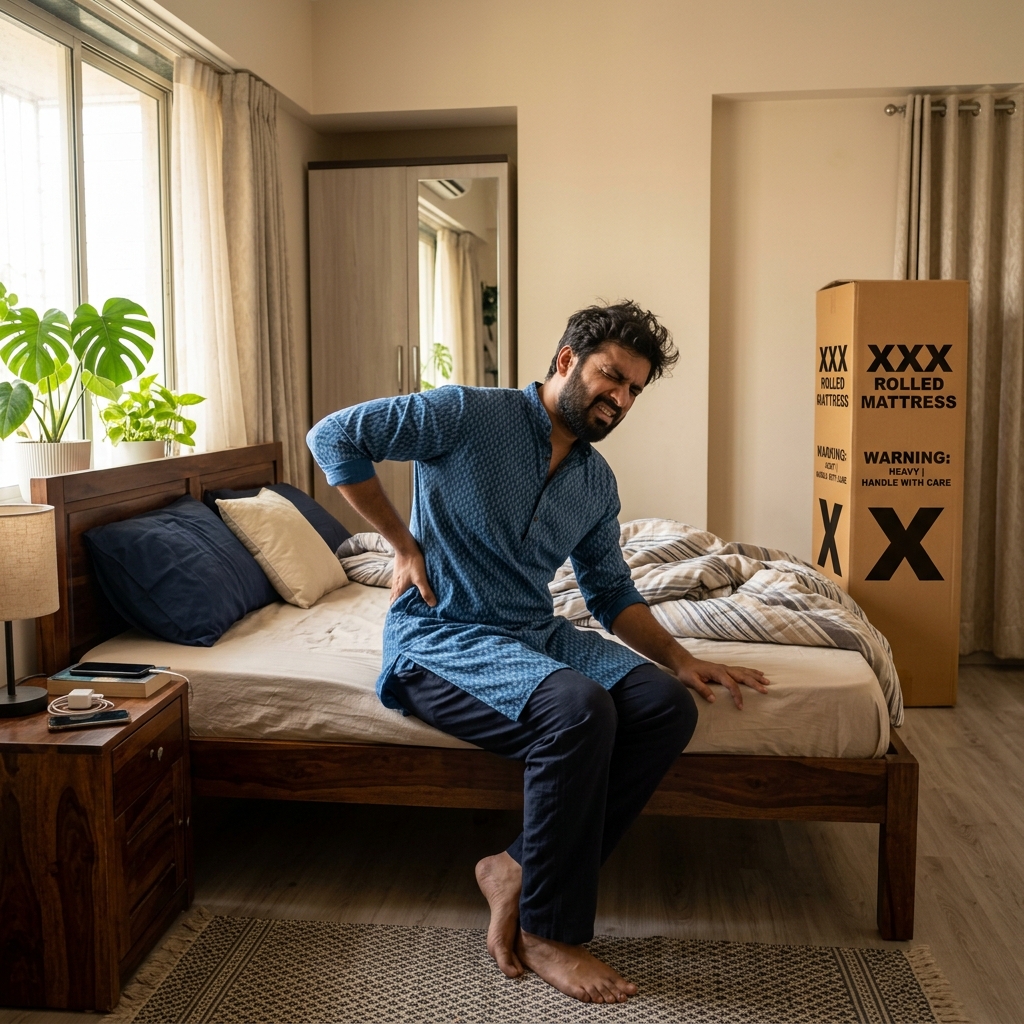 Rajesh sitting on bed holding his lower back in pain after sleeping on rolled box mattress