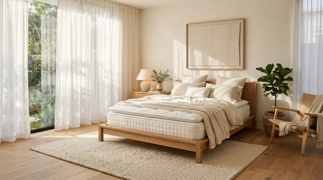 GROWELLSLEEP premium mattress in a modern luxury bedroom with warm morning sunlight designed for better sleep